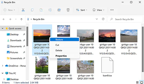 Окно Корзины Windows и команда восстановления удалённого файла