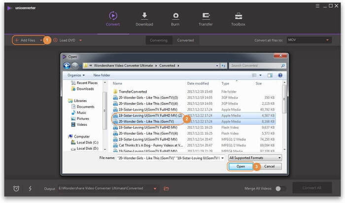 Добавление MOV в Wondershare UniConverter