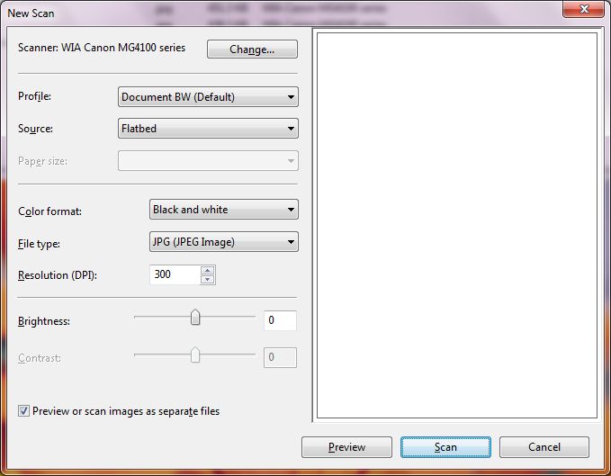 Windows Fax and Scan: окно запуска нового сканирования