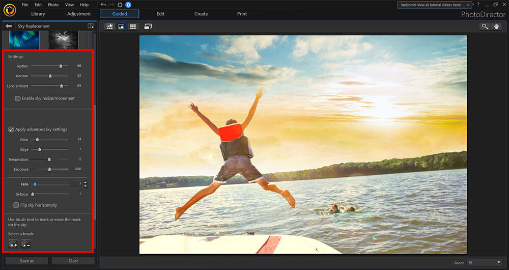 Параметры границы и горизонта Sky Replacement в PhotoDirector