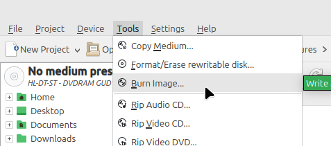 Меню Tools и команда Burn Image в K3b