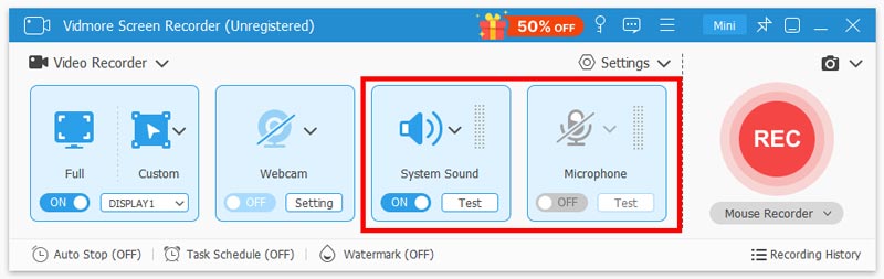 Интерфейс Vidmore Screen Recorder для записи системного звука