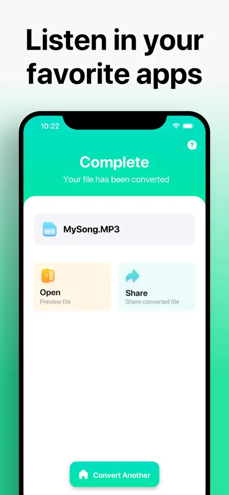 The Audio Converter: готовый MP3 с командами Open и Share