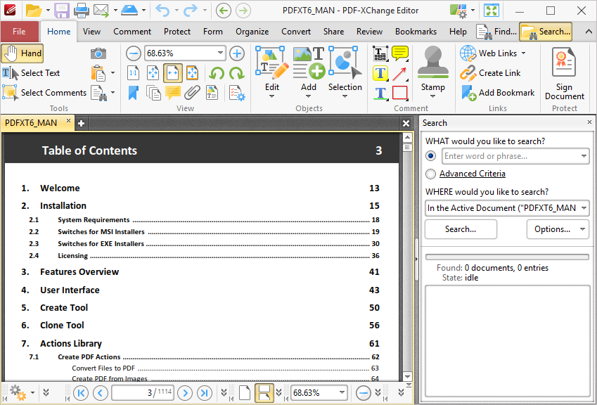 Интерфейс PDF-XChange Editor с панелью поиска