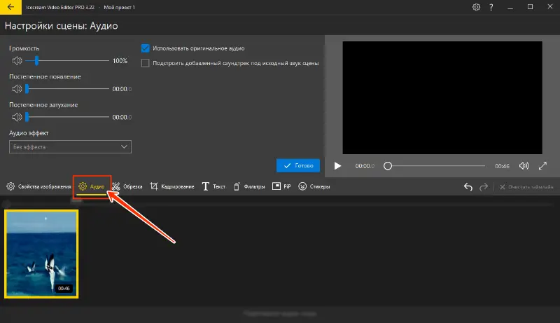 Icecream Video Editor: раздел Аудио и исходная громкость