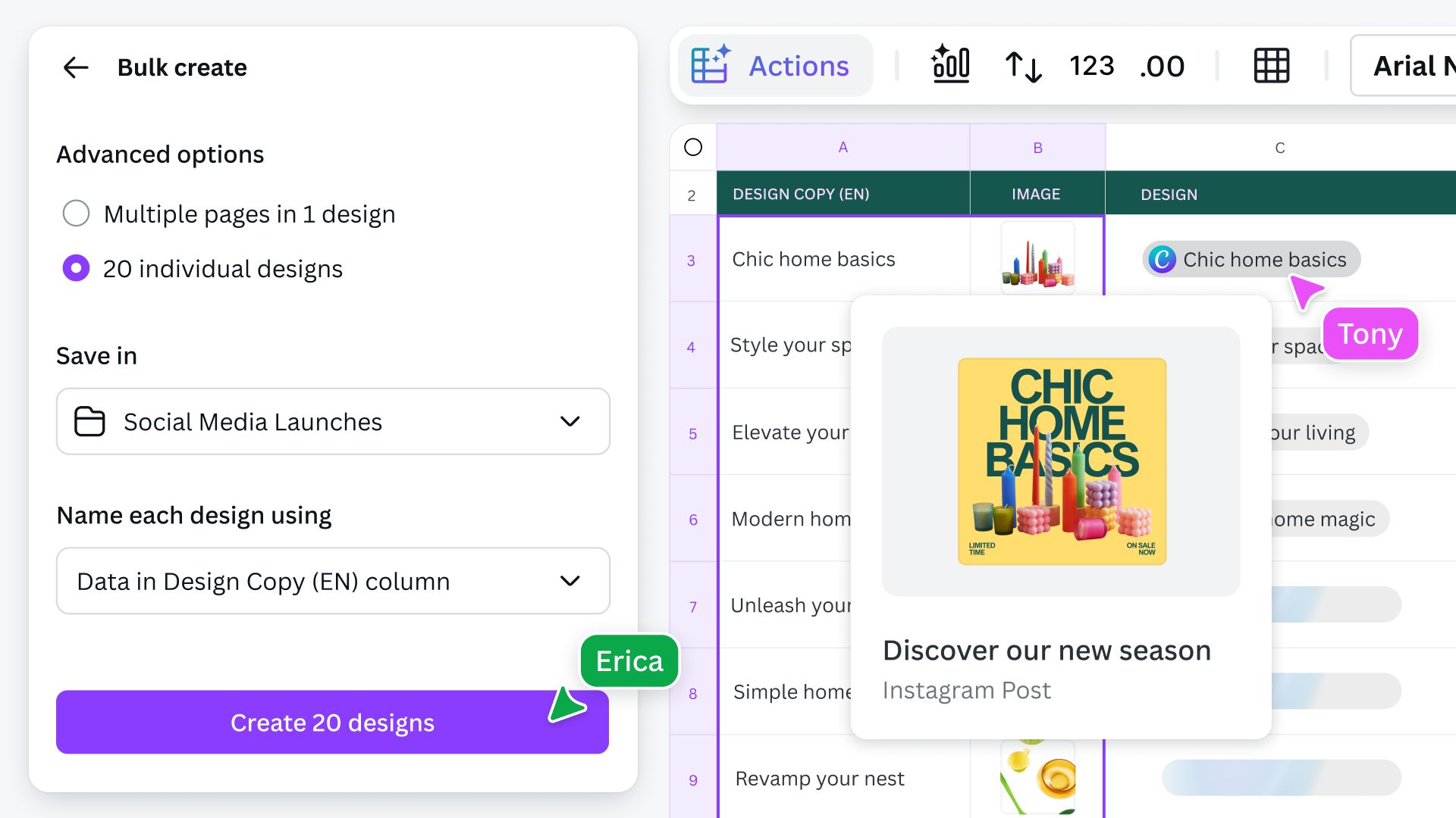 Bulk Create в Canva Sheets: создание серии дизайнов на основе данных в таблице