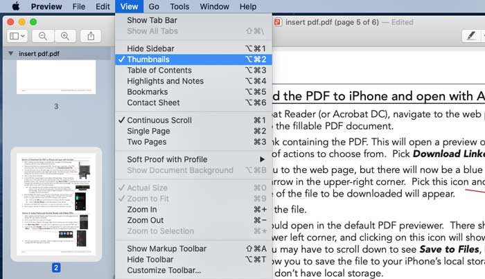 Панель миниатюр PDF в приложении Preview на macOS