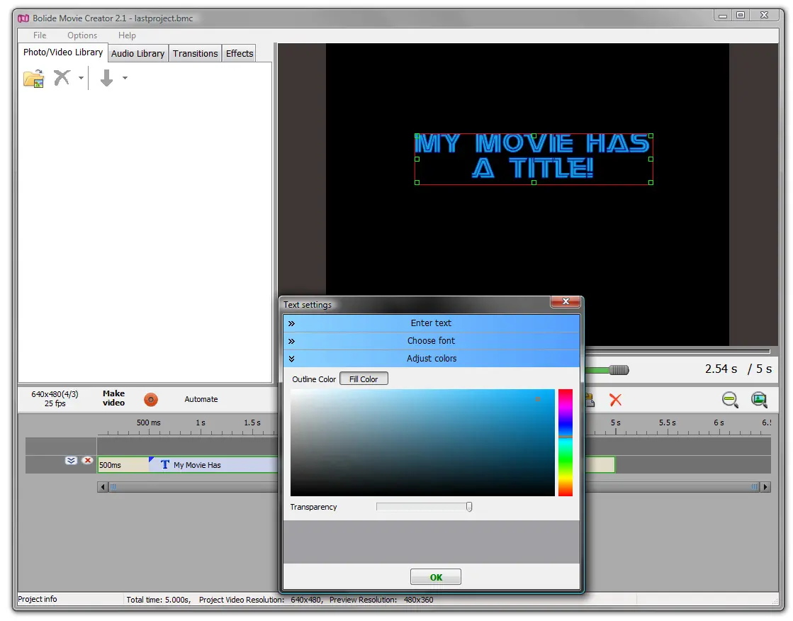 Настройка цвета в Bolide Movie Creator