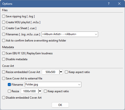 Окно Audio CD Ripper Options в EZ CD Audio Converter