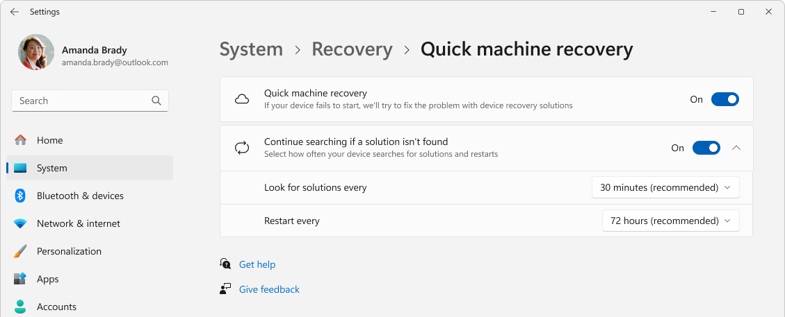 Настройки Quick Machine Recovery в Windows 11