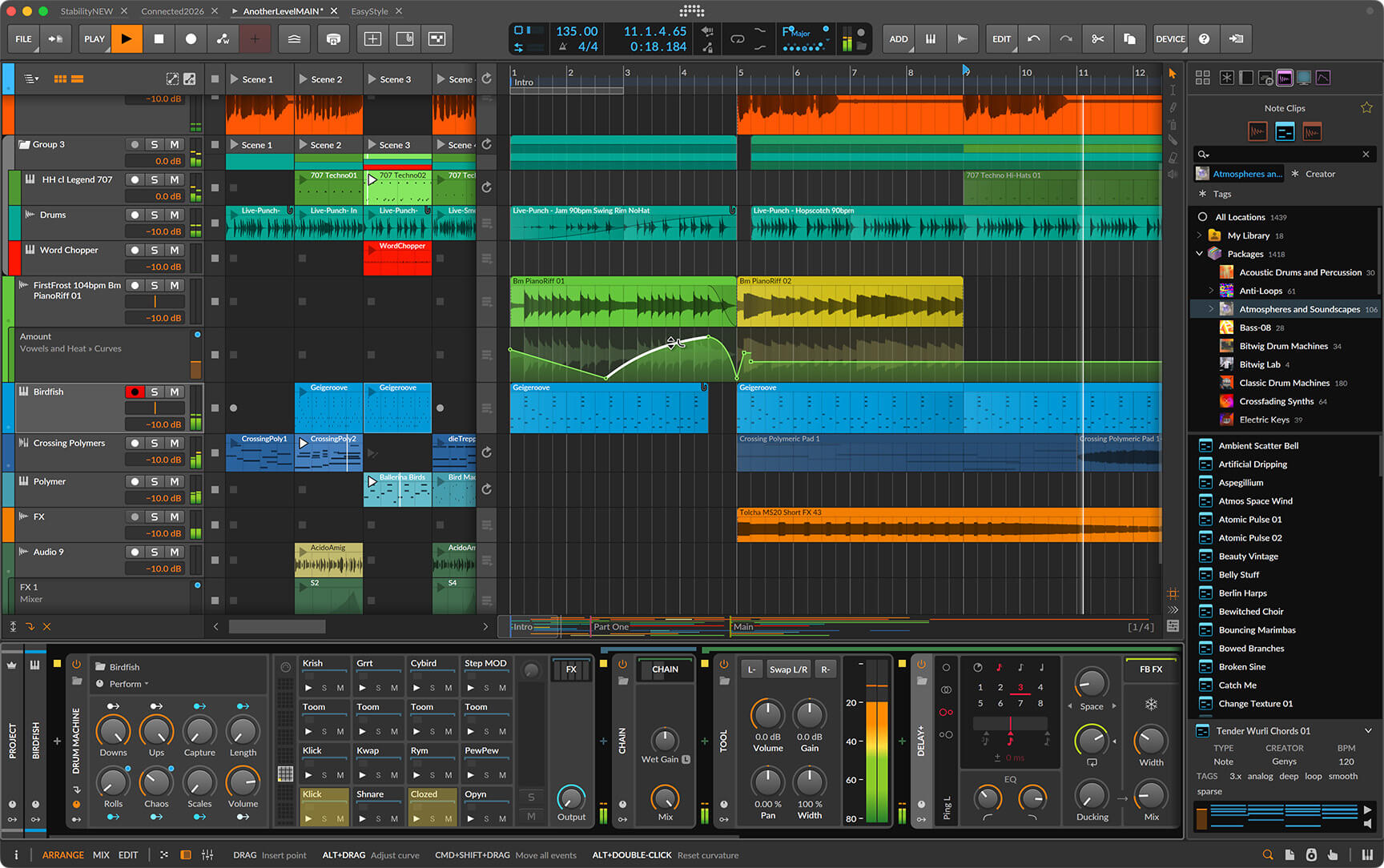 Интерфейс Bitwig Studio с аранжировкой и микшером