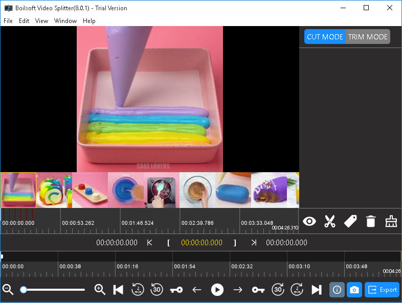 Окно Boilsoft Video Splitter после добавления видео: предпросмотр, шкала времени, Cut Mode и Trim Mode