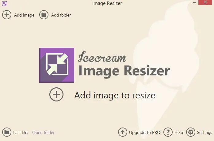 Главное окно Icecream Image Resizer с кнопками Add image и Add folder