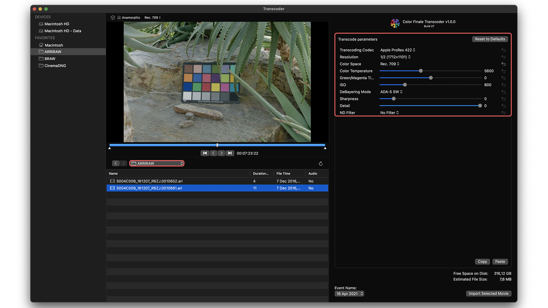 ARRIRAW в интерфейсе Color Finale Transcoder с параметрами ProRes, ISO и debayer