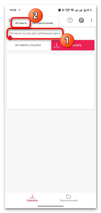 Вставка URL в третьем приложении Video Downloader for Pinterest