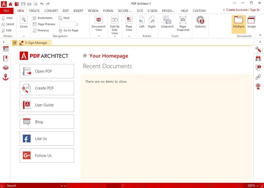 Главное окно PDF Architect с домашней страницей и лентой инструментов