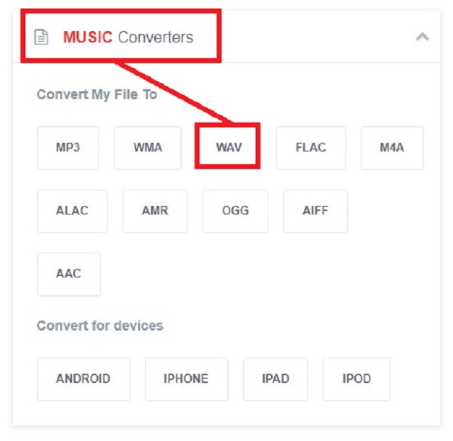 Выбор WAV в интерфейсе FreeConvert для преобразования CAF
