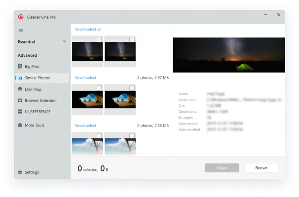 Cleaner One Pro для Windows: поиск похожих фотографий и дублей с кнопками Smart select и Clean