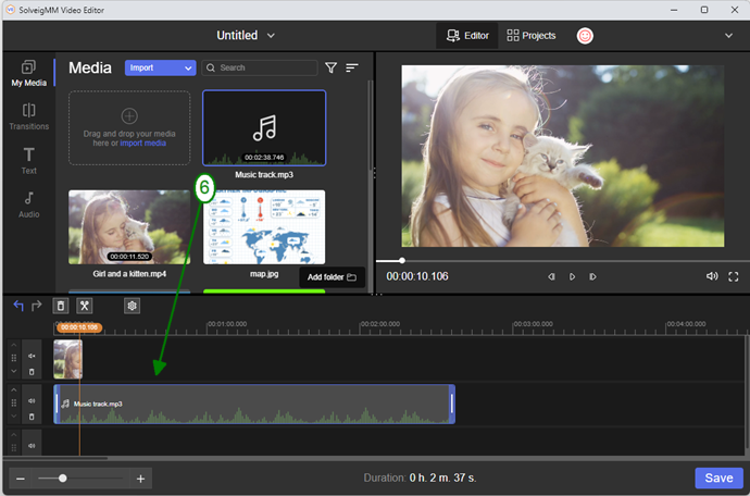 Добавление новой аудиодорожки в SolveigMM Video Editor