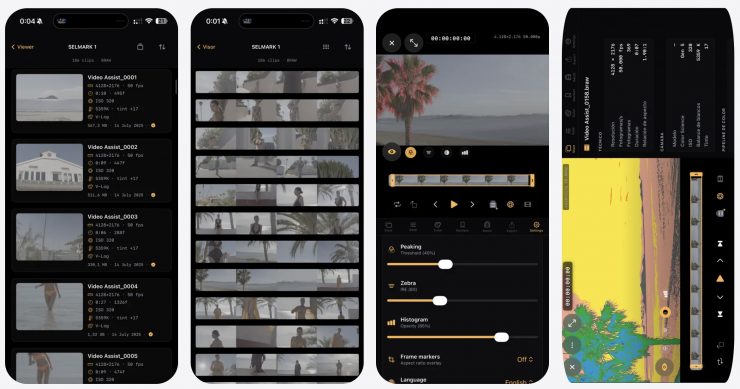 Интерфейс BlackRAW Visor на iPhone: браузер клипов, просмотр и scopes