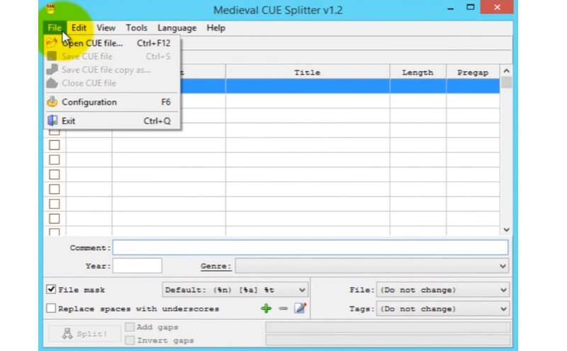 Medieval CUE Splitter: команда Open CUE file в интерфейсе программы