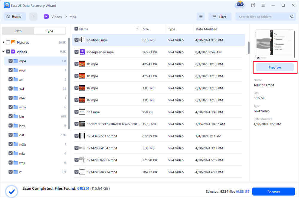 Фильтрация найденных роликов в EaseUS Data Recovery Wizard