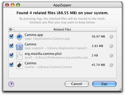 Окно AppZapper со списком связанных файлов и кнопкой Zap
