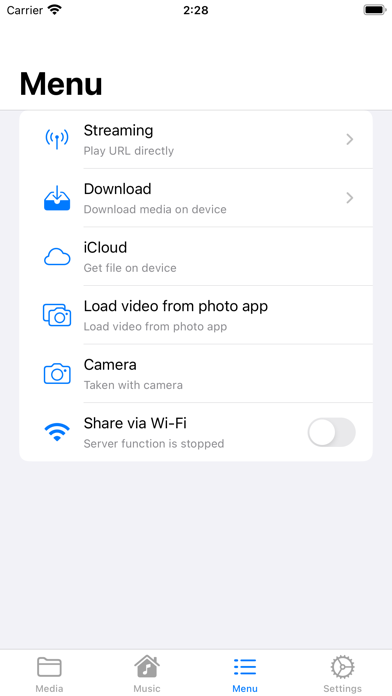 Меню WMDPlayer с пунктами iCloud и Share via Wi-Fi