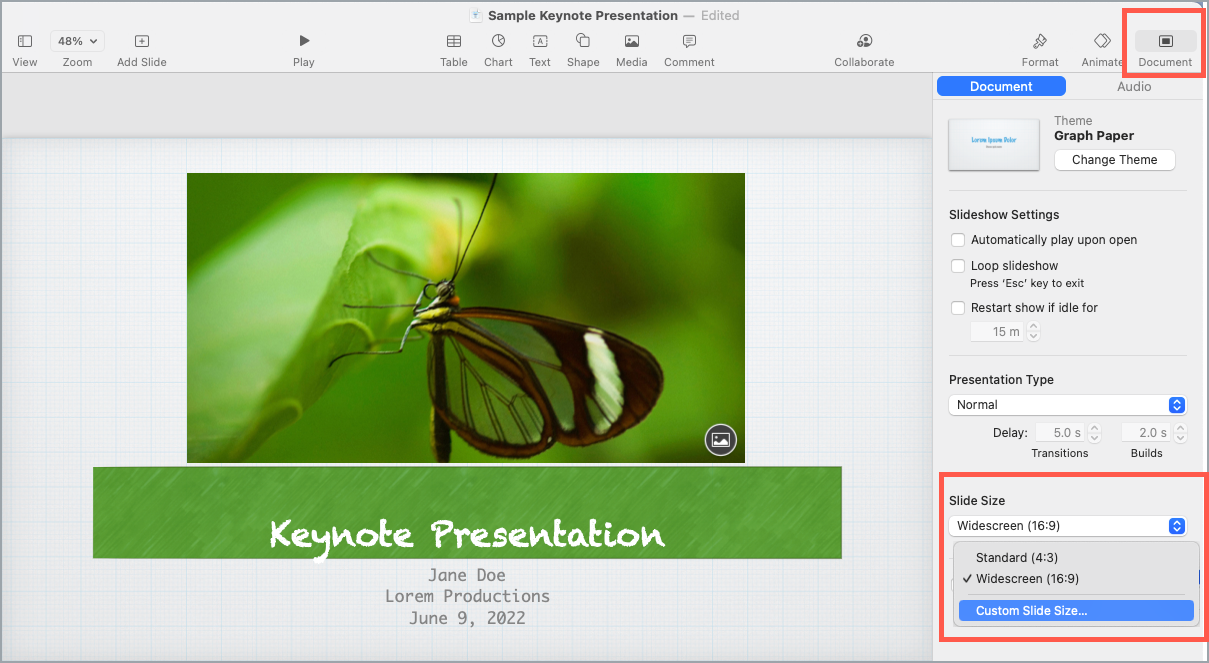 Интерфейс Apple Keynote с настройкой пользовательского размера слайда