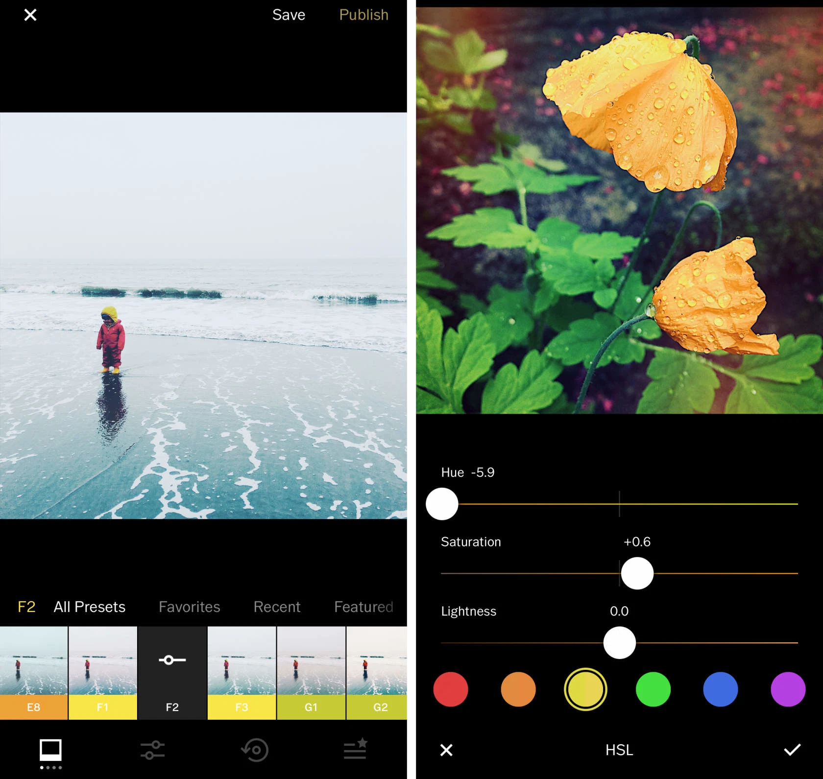 Интерфейс VSCO с пресетами и панелью HSL