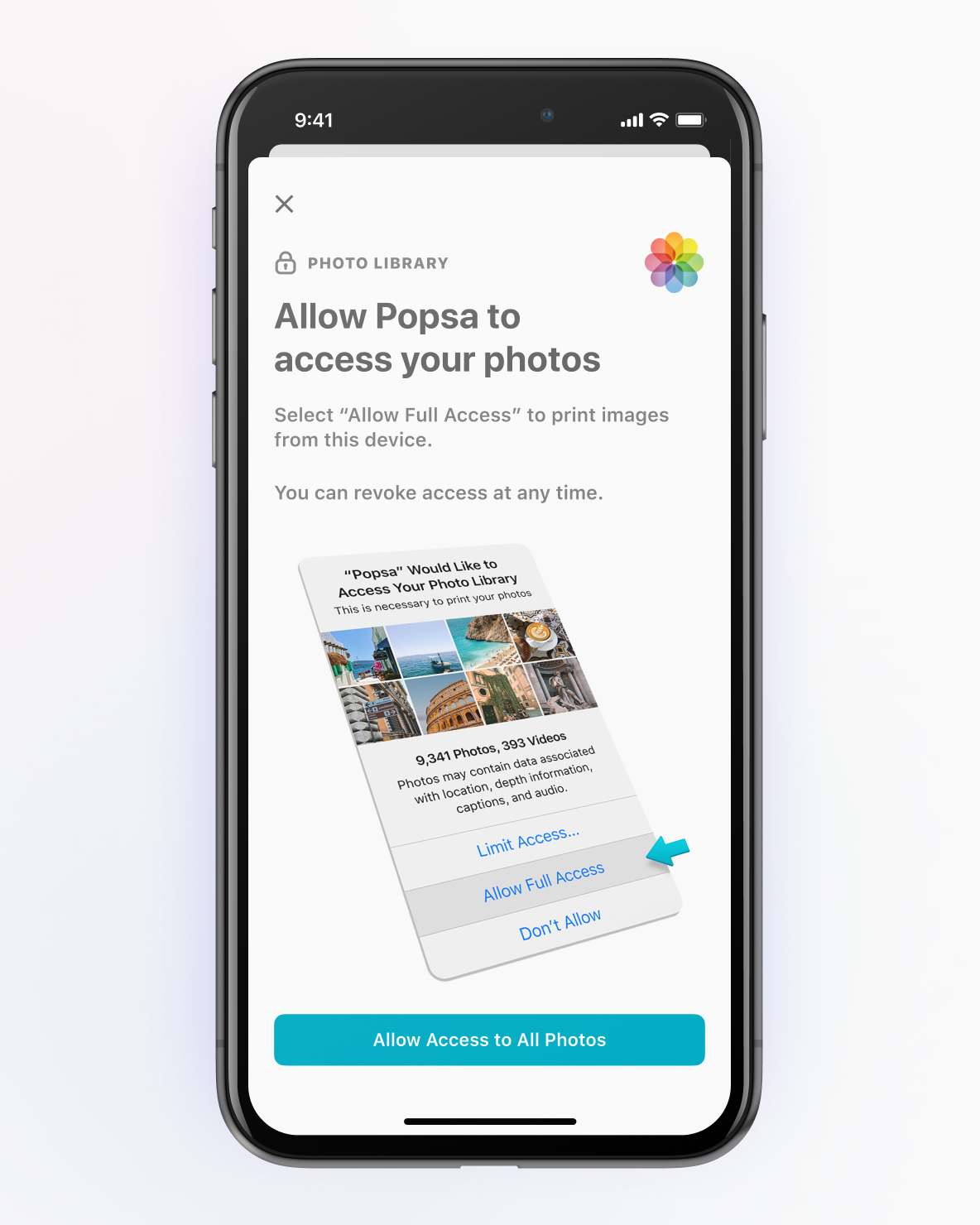 Запрос доступа Popsa к фотографиям на смартфоне
