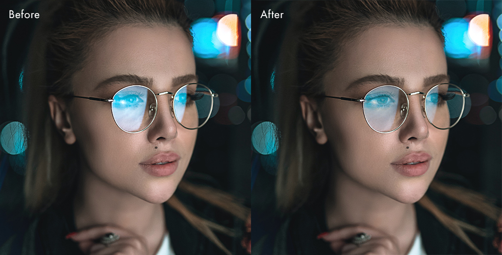 Пример уменьшения отражений на очках средствами PortraitPro
