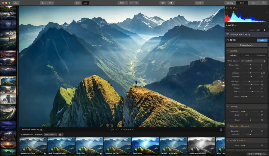 Интерфейс Luminar Neo с фотографией и панелью инструментов