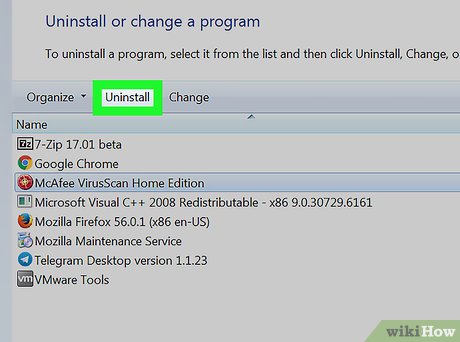 Кнопка Удалить в Программах и компонентах Windows 7