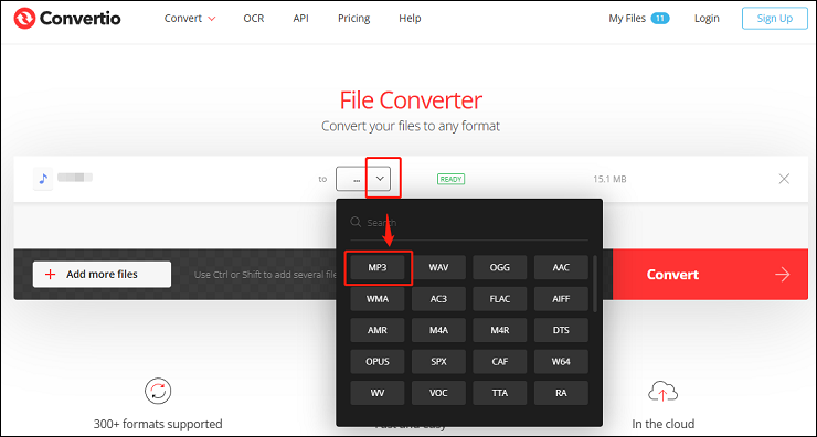 Интерфейс Convertio с выбором аудиоформата, включая VOC