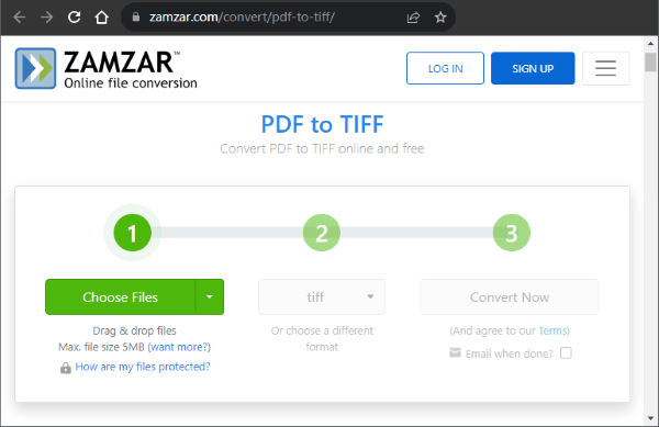 Выбор PDF и TIFF в Zamzar