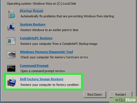 Выбор Dell Factory Image Restore в среде восстановления Windows 7