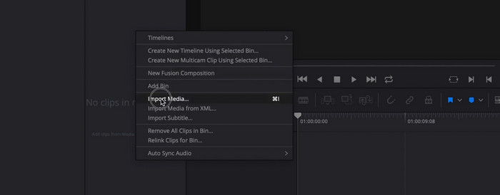 Команда Import Media в DaVinci Resolve для добавления BRAW