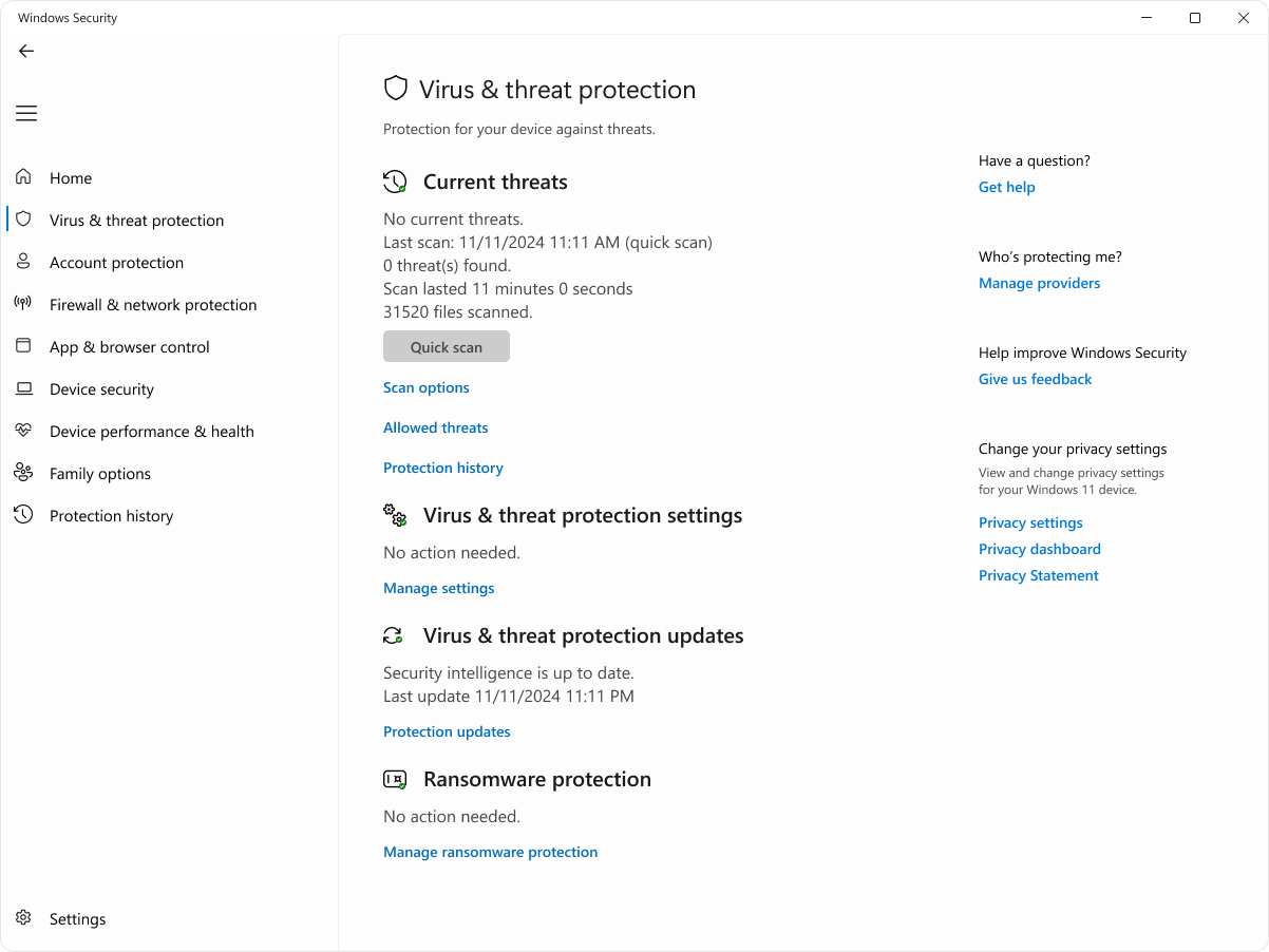 Раздел защиты от вирусов и угроз Windows Security