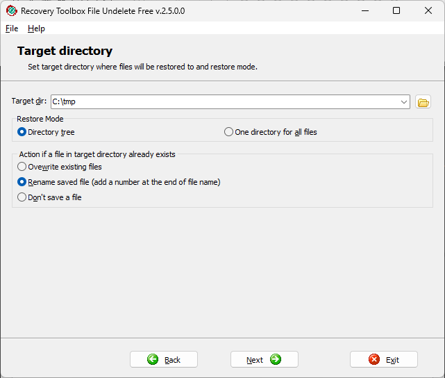 Выбор целевой папки и режима сохранения в Recovery Toolbox File Undelete Free