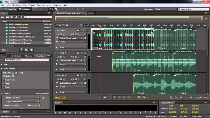 Пример интерфейса Adobe Audition с многодорожечным проектом