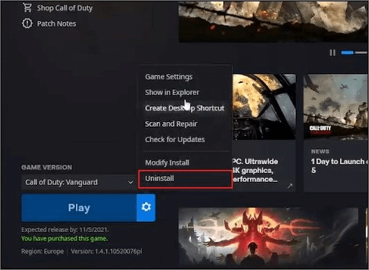Меню установленной игры в Battle.net с командой Uninstall