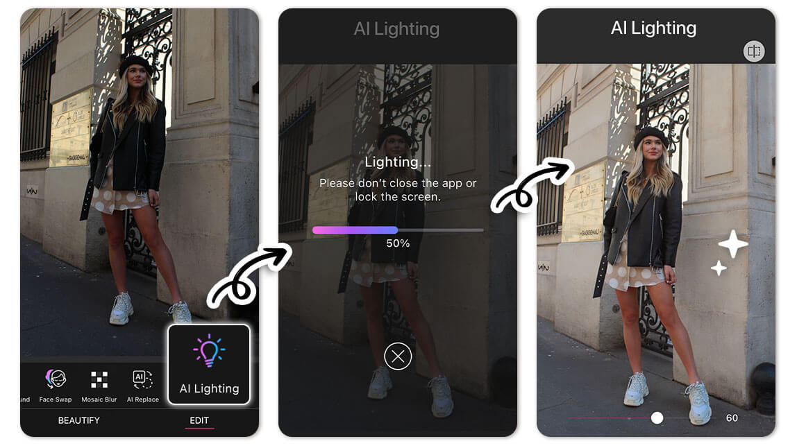 YouCam Perfect: экран AI Lighting с регулировкой интенсивности