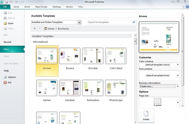Выбор шаблона буклета в Microsoft Publisher
