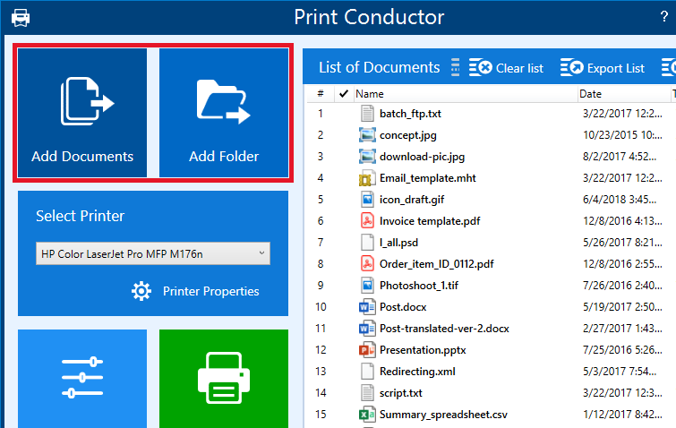 Добавление файлов в Print Conductor через Add Documents и Add Folder