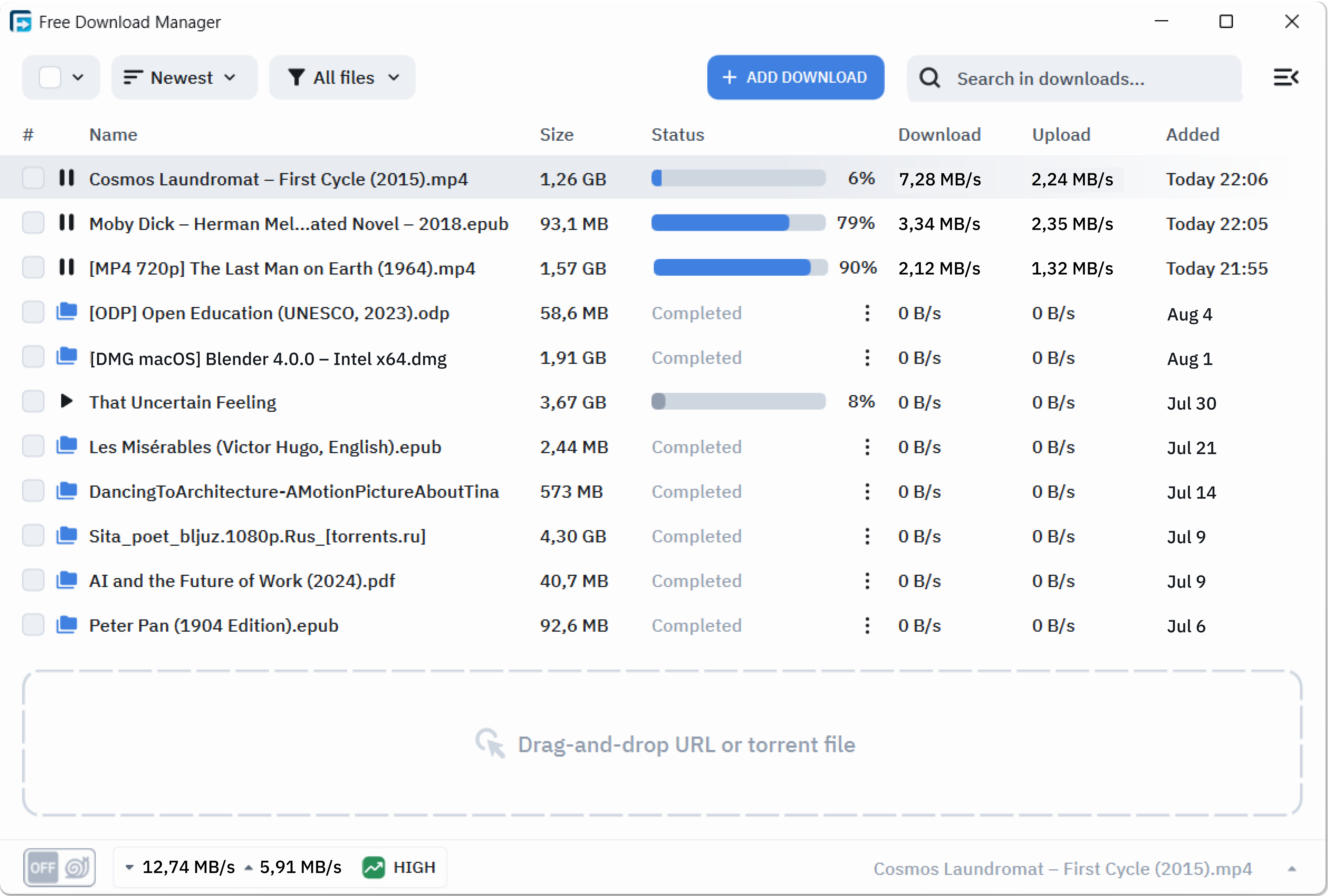 Интерфейс Free Download Manager с очередью файлов и кнопкой Add Download