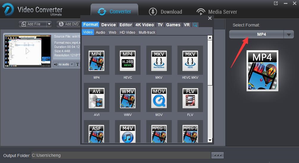 Окно выбора формата в Dimo Video Converter Ultimate: Format, Device, Editor, 4K Video, TV, Games, VR