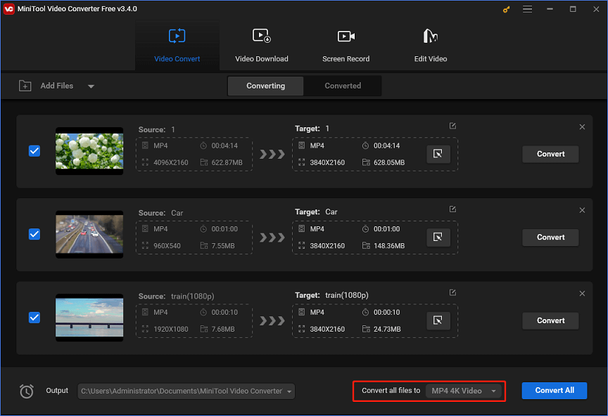 Выбор формата в MiniTool Video Converter при конвертации MP4 в VOB