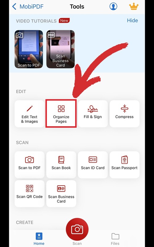 Инструмент Organize Pages в MobiPDF на iPhone