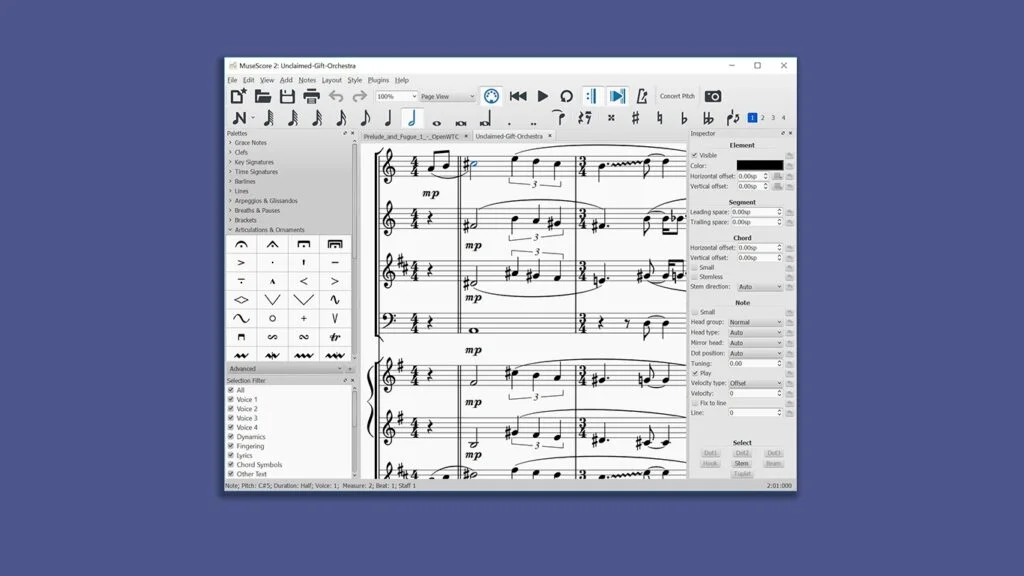 Интерфейс MuseScore с открытой партитурой